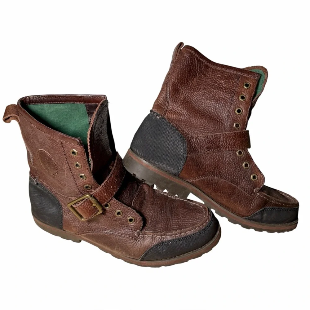 Polo Ralph Lauren Boots Weybrook Brown Leather‎ Lace up Buckle Strap Men’s 9.5D